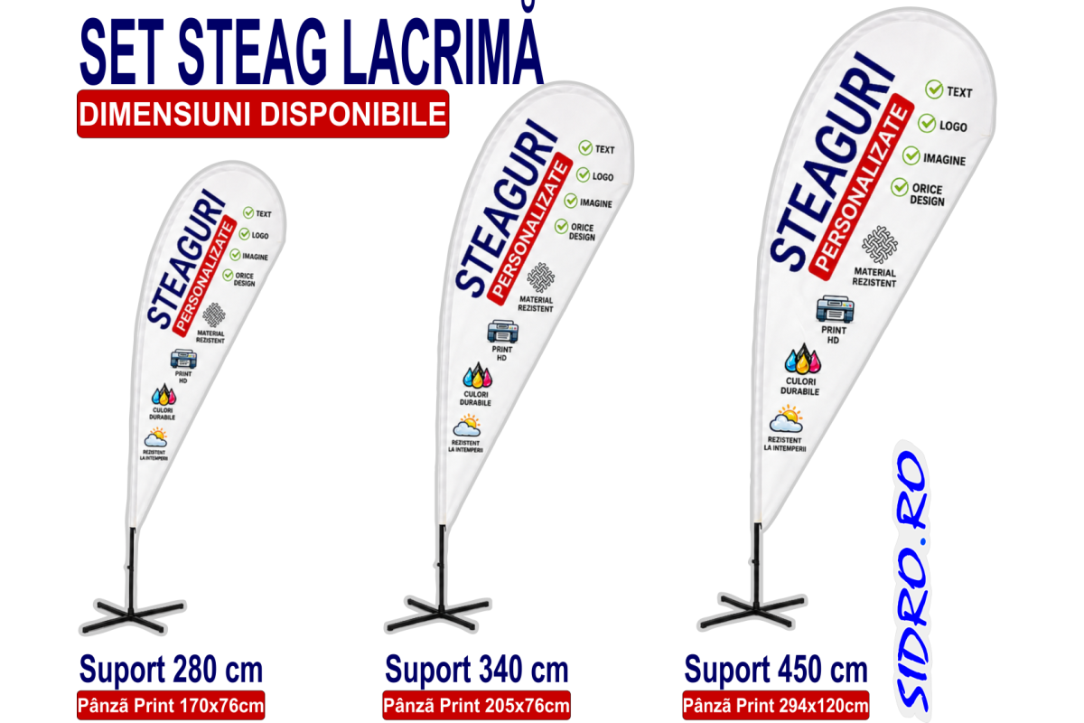 SET Steag publicitar personalizat tip lacrimă – set complet Beach Flag 2,8 / 3,4 / 4,5 m