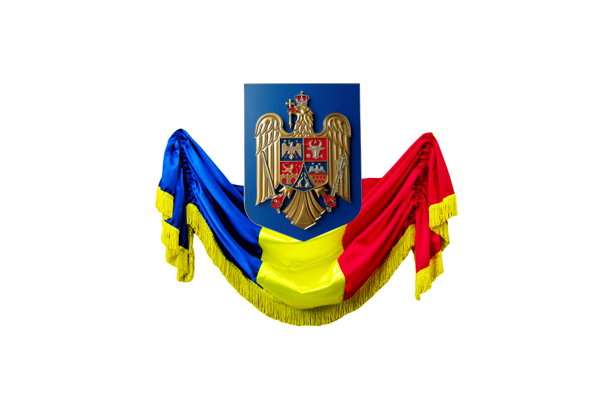Ansamblu Stema Romaniei si Fundal perete Tricolor - Romania